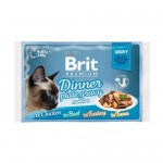 Влажный корм для кошек BRIT Premium Dinner Plate Gravy набор паучей Кусочки в соусе 85 г, 4 шт.